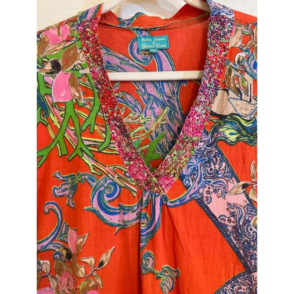 ANTICA SARTORIA FLOWER GARDEN GREAT BEADWORK Cotton Caftan, Coverup, Tunic OS - Picture 4 of 9